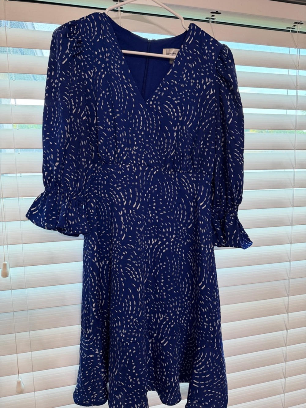 V-Neck Long Sleeve Blue Printed Dress